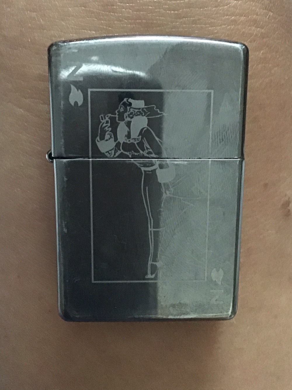Vintage-Style Black Metal Pocket Lighter with Etched Pin-Up Design